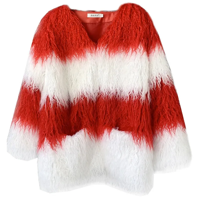 Contrast Fluffy Faux Fur Coat