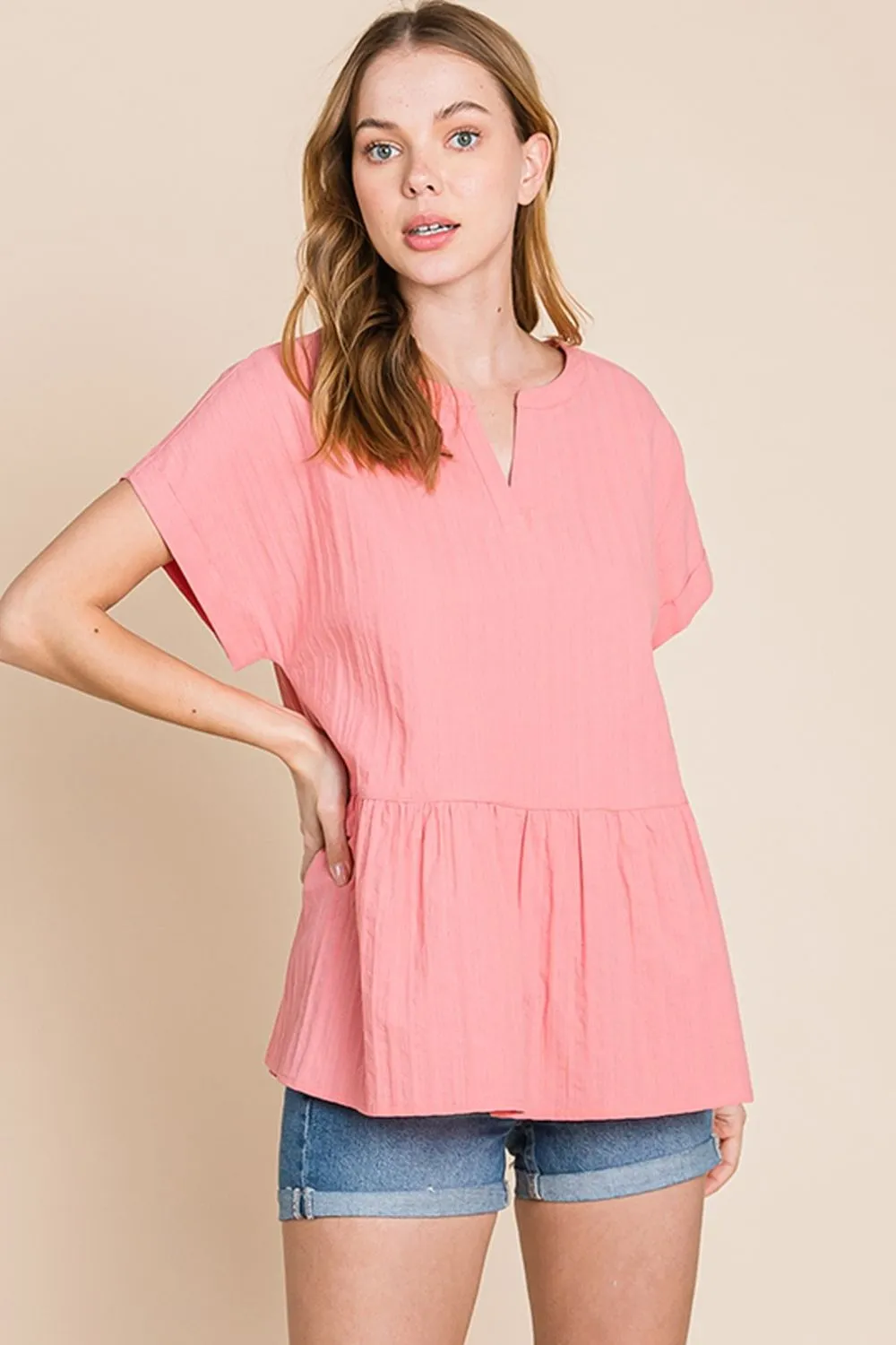 Cotton Bleu by Nu Label Notched Short Sleeve Peplum Top