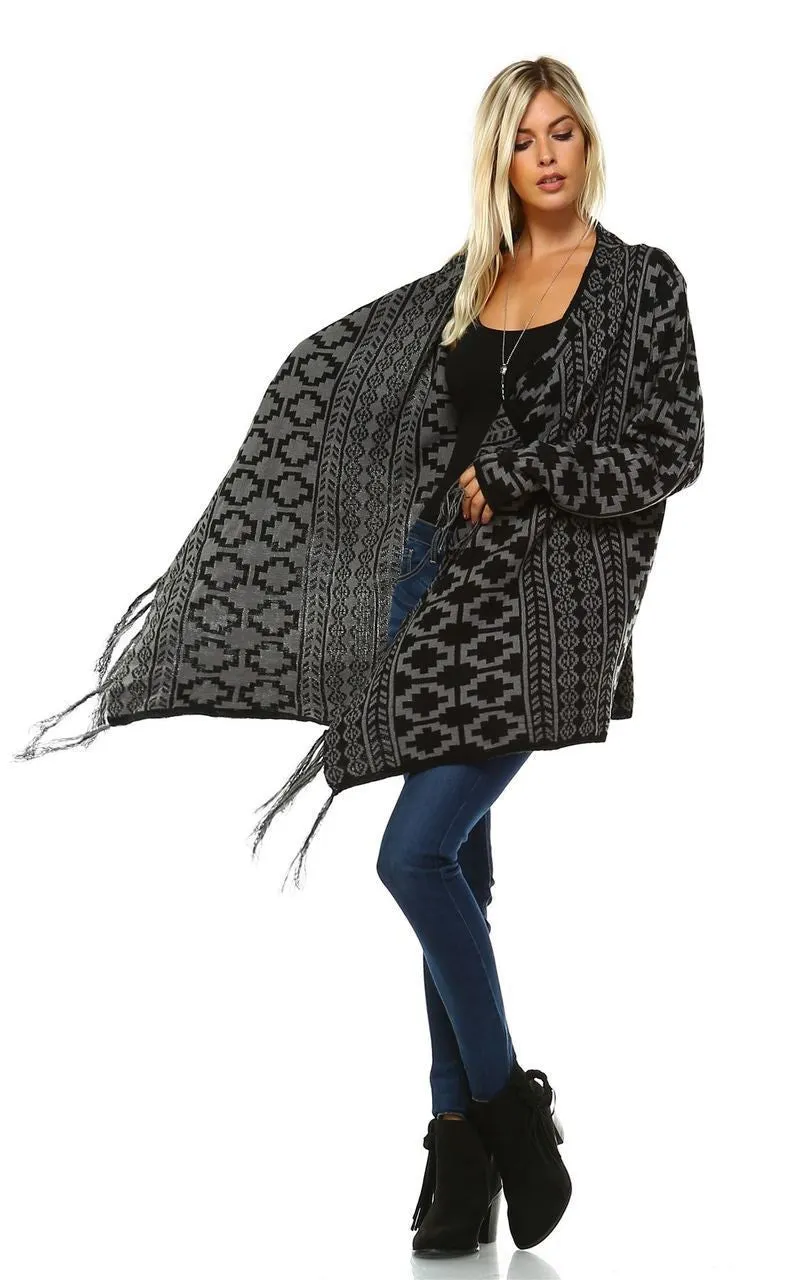 Cowl Aztec Cardigan Tribal Sweater Ponchos Geo Black Gray