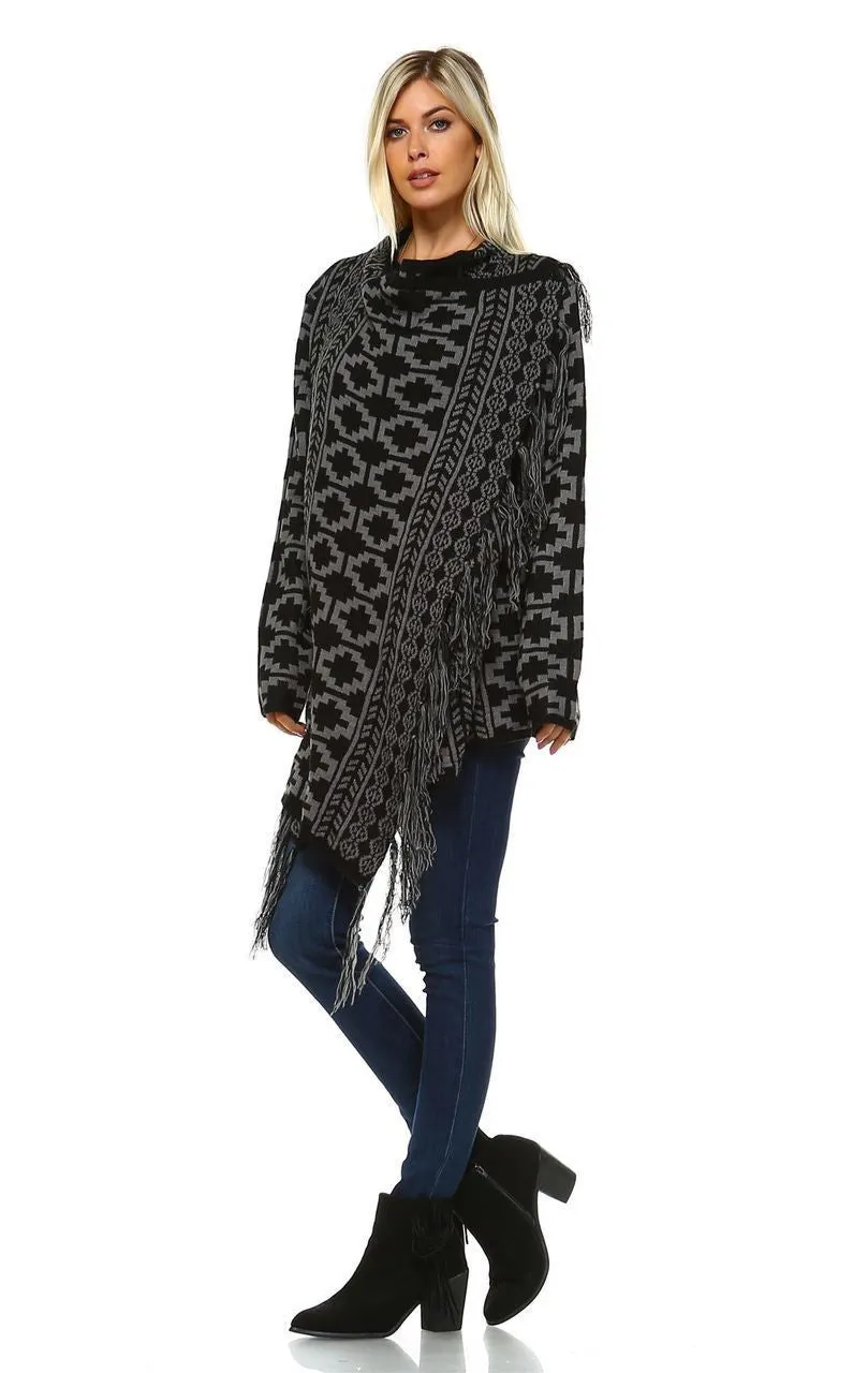 Cowl Aztec Cardigan Tribal Sweater Ponchos Geo Black Gray