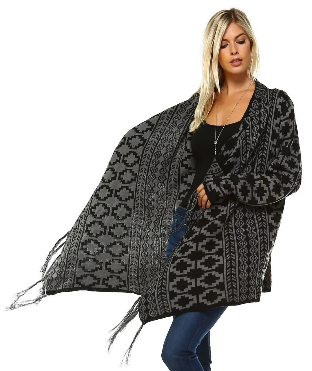 Cowl Aztec Cardigan Tribal Sweater Ponchos Geo Black Gray