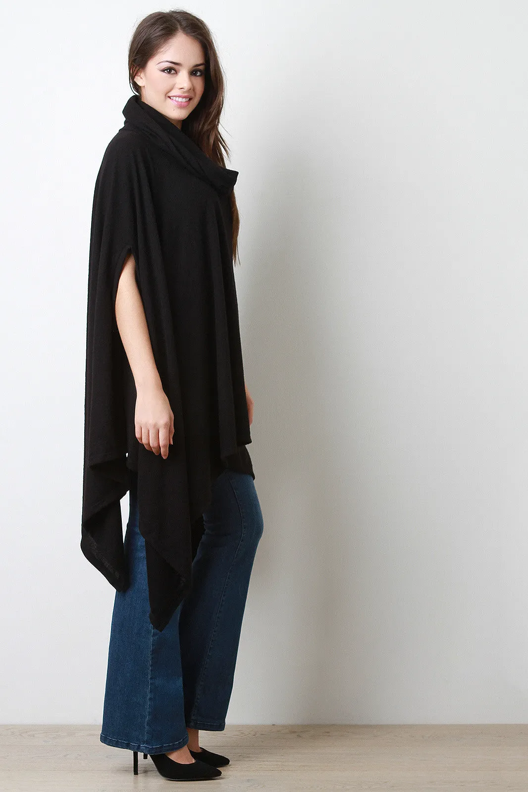 Cowl Neck Handkerchief Knit Poncho Maxi Top