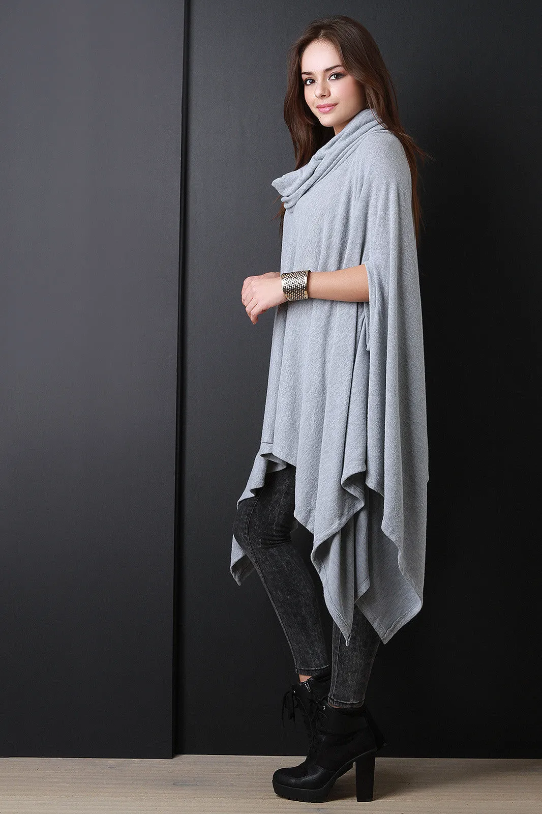 Cowl Neck Handkerchief Knit Poncho Maxi Top