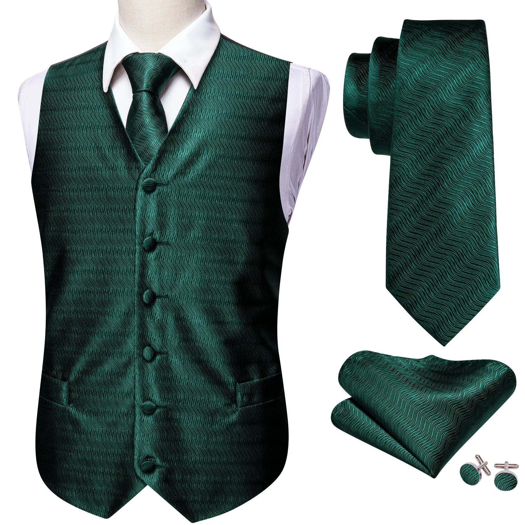 Dark Green Striped Jacquard Silk Men's Vest Hanky Cufflinks Tie Set