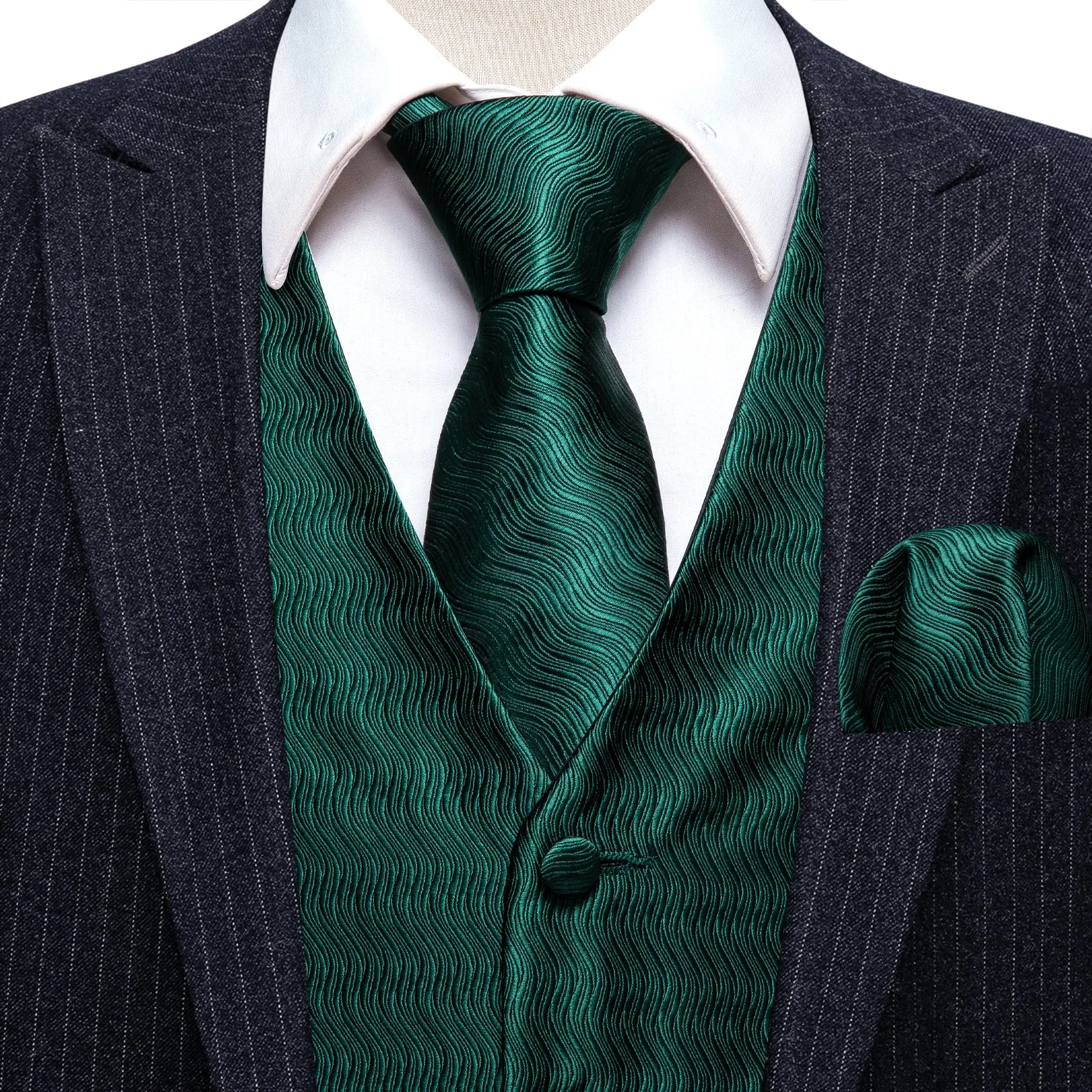 Dark Green Striped Jacquard Silk Men's Vest Hanky Cufflinks Tie Set