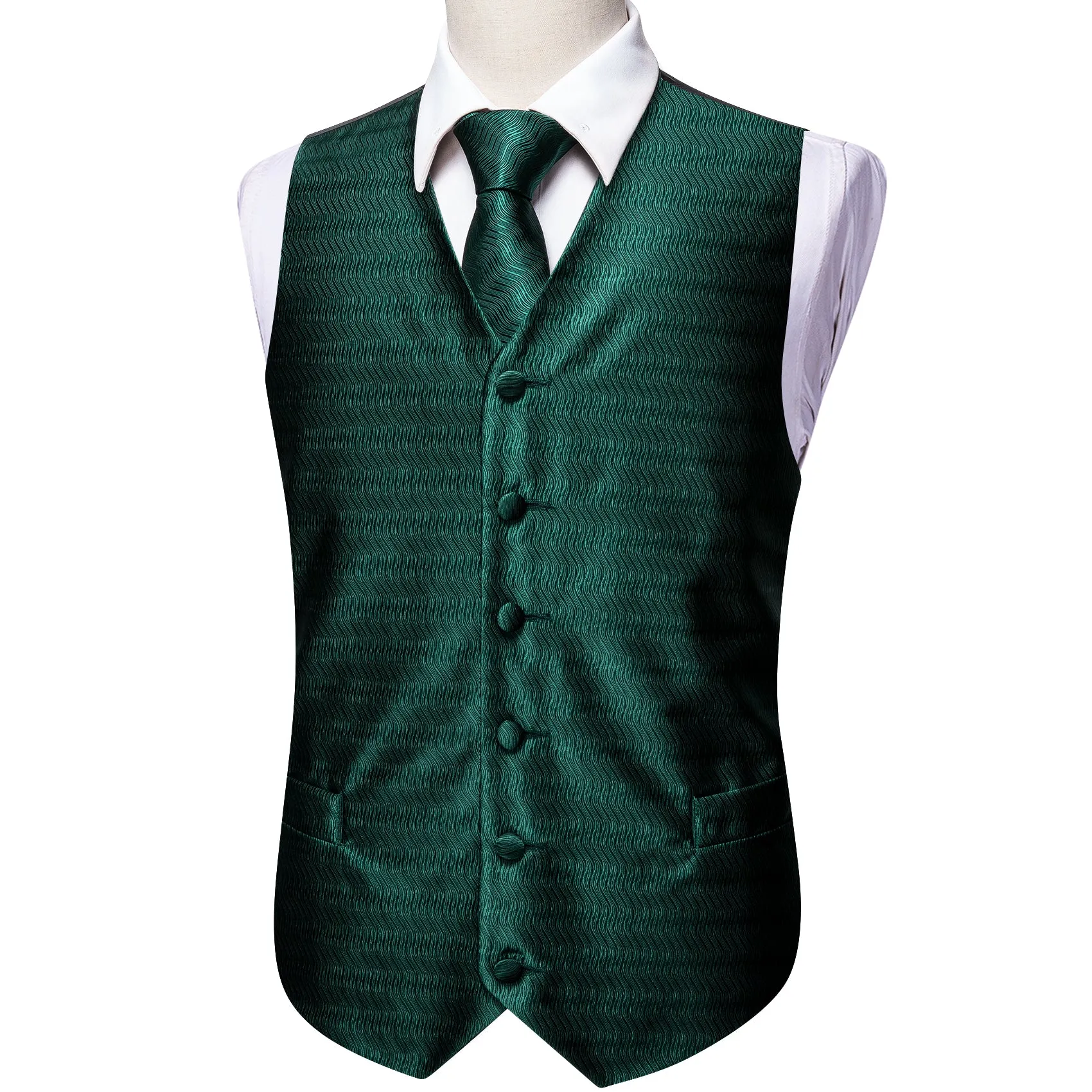 Dark Green Striped Jacquard Silk Men's Vest Hanky Cufflinks Tie Set