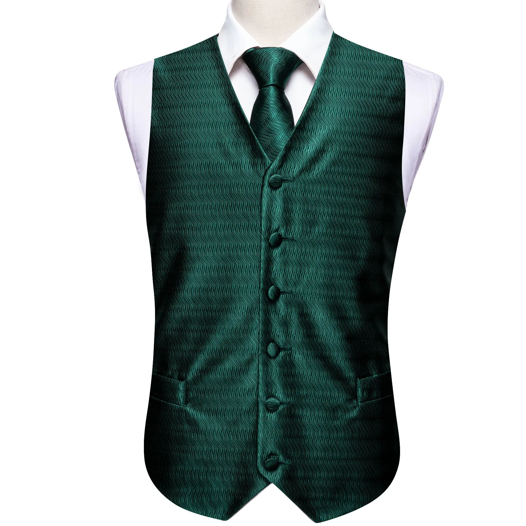 Dark Green Striped Jacquard Silk Men's Vest Hanky Cufflinks Tie Set