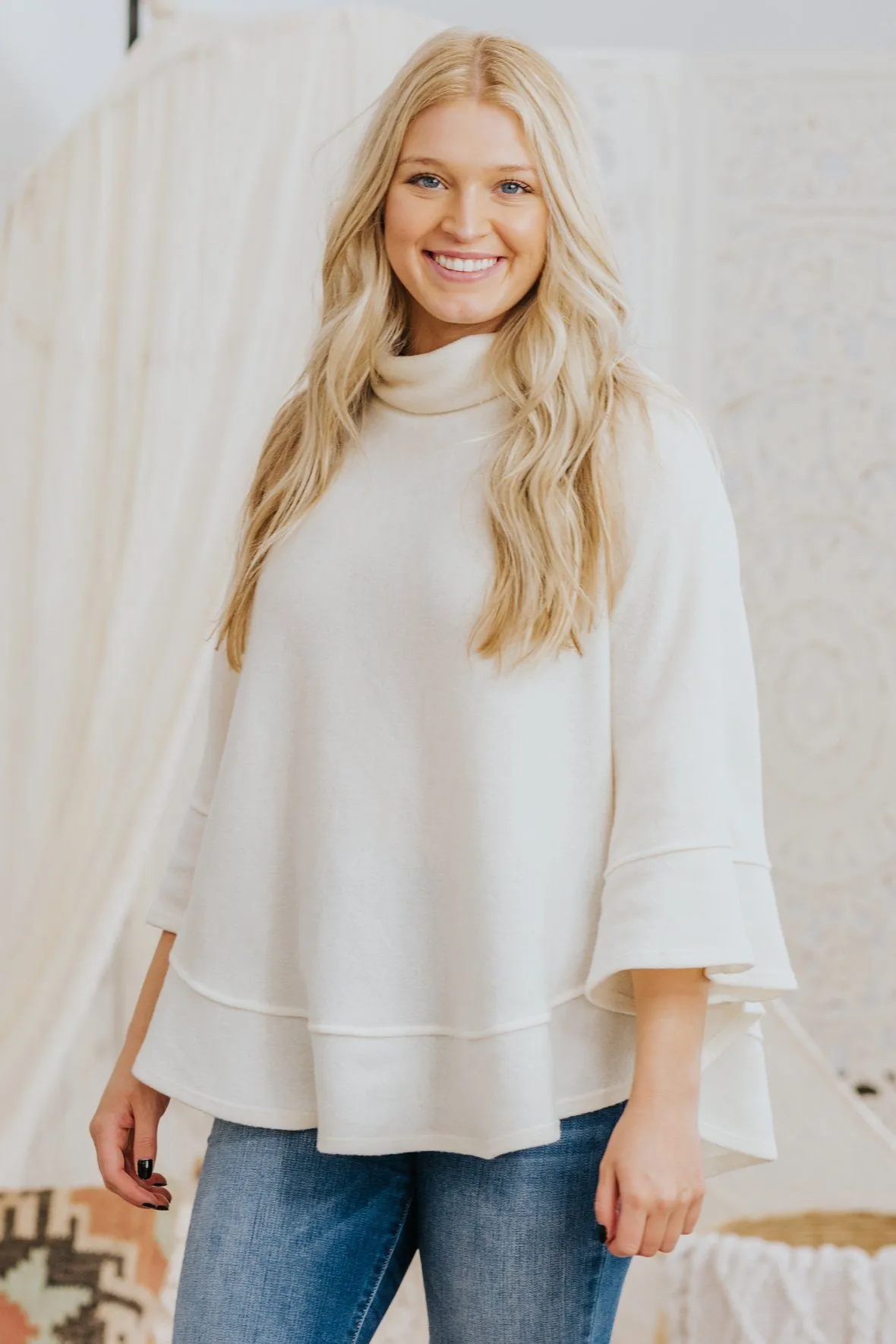 *DEAL*: A Class Of Your Own 3/4 Sleeve Cowl Neck Poncho Top in Cream