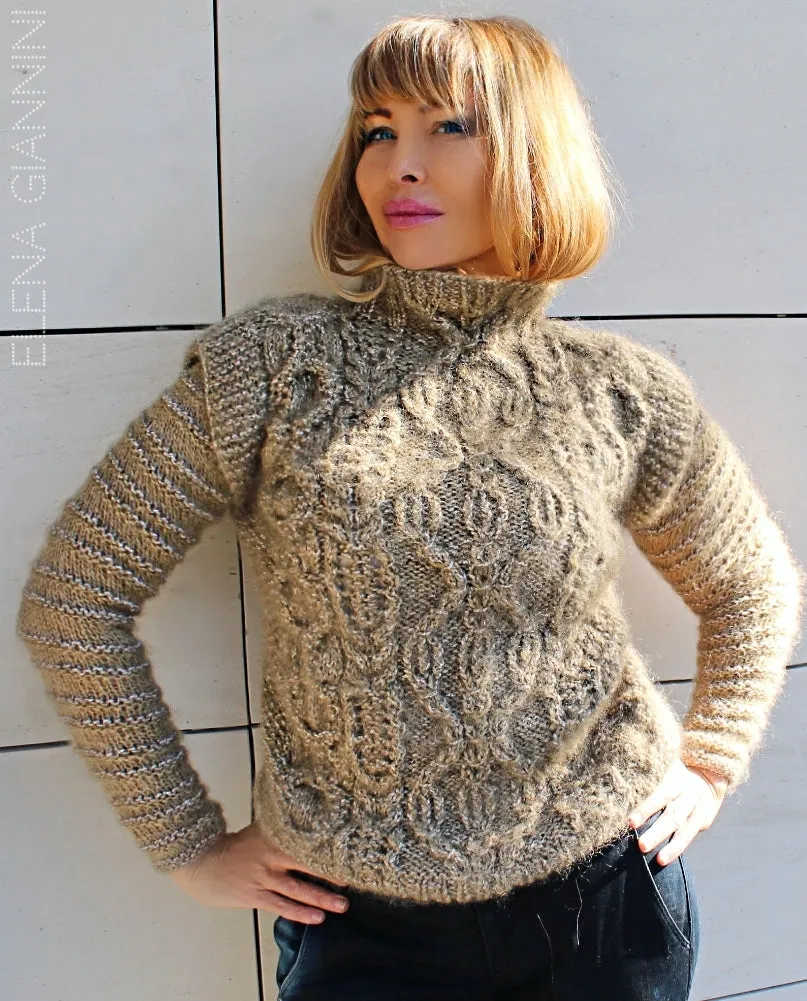 Designer Handknitted Mohair Sweater with Arans and Cables