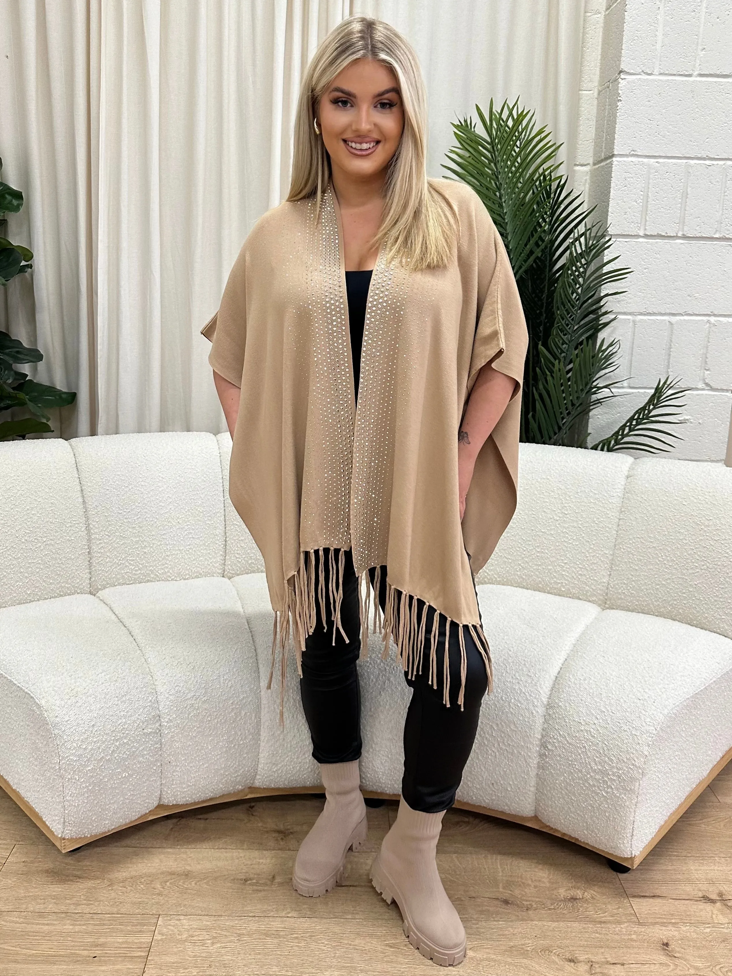 Dina Taupe Tassel & Stud Open Front Poncho