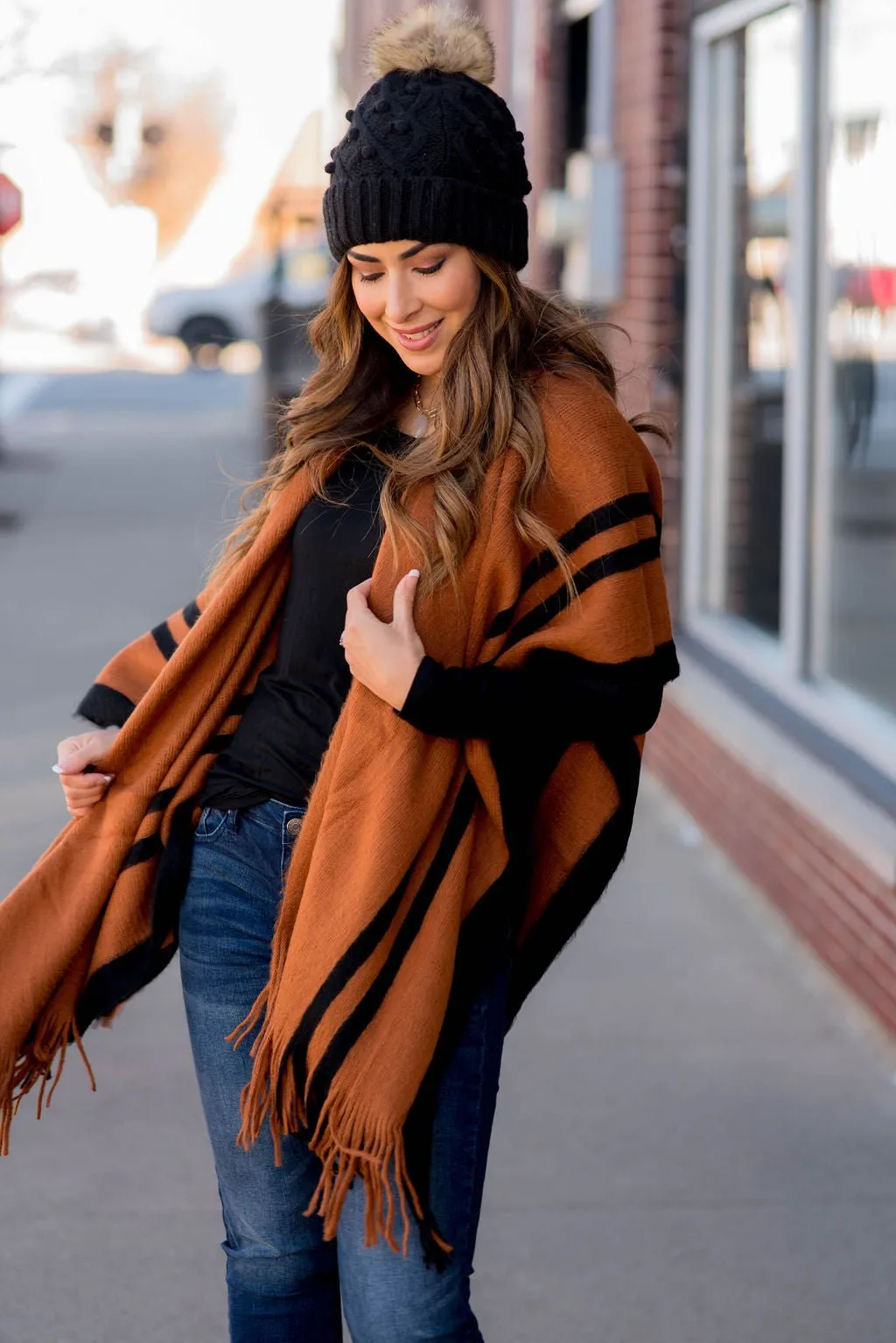 Dual Striped Fringe Accents Poncho