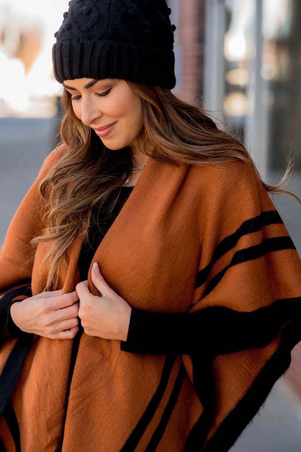 Dual Striped Fringe Accents Poncho