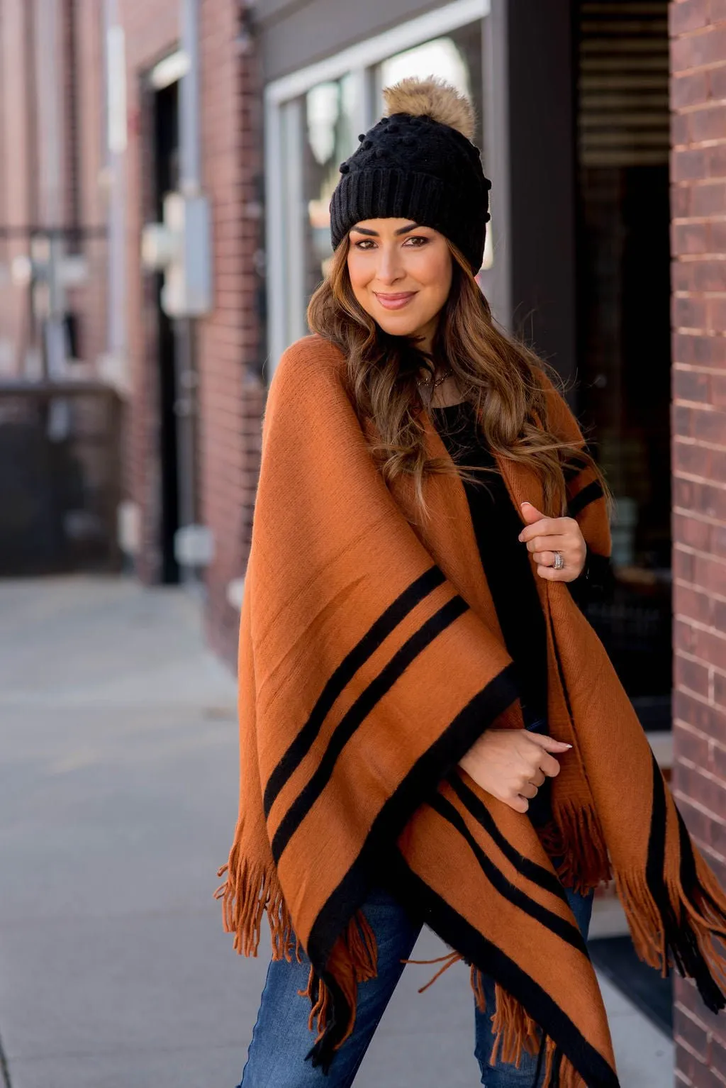 Dual Striped Fringe Accents Poncho