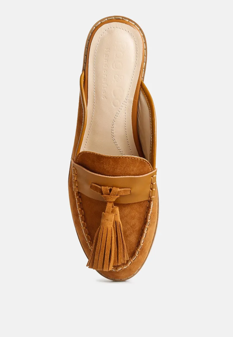 EDMANDA Tassle Detail Leather Mules in Light Tan