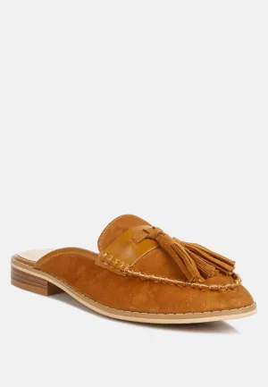 EDMANDA Tassle Detail Leather Mules in Light Tan