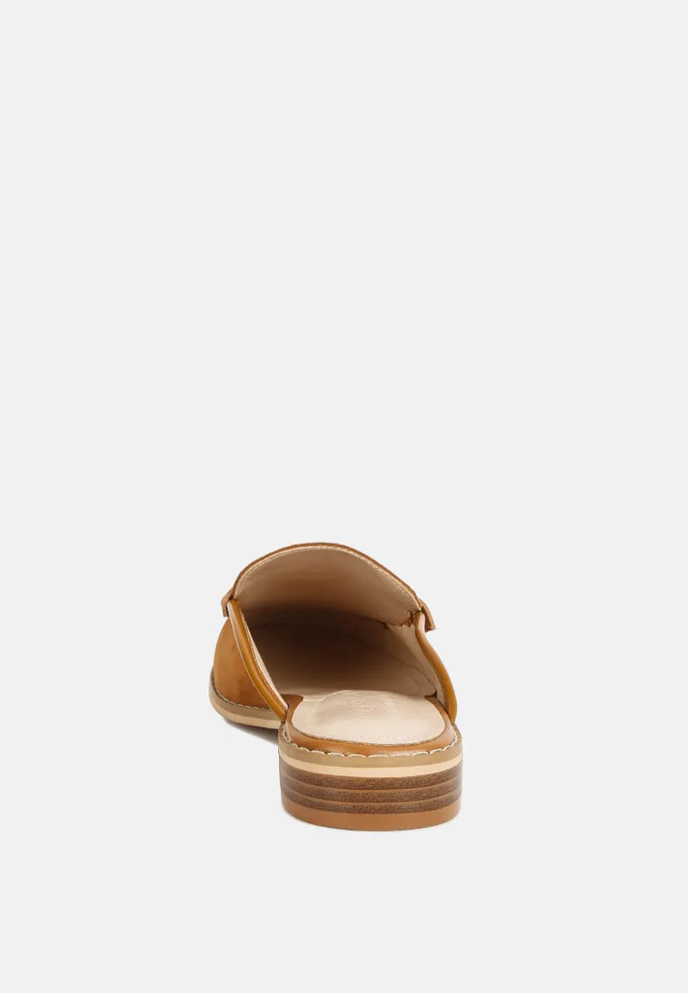 EDMANDA Tassle Detail Leather Mules in Light Tan