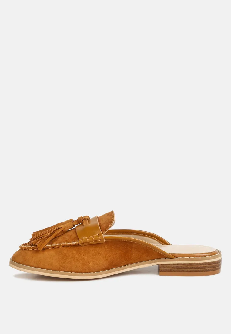 EDMANDA Tassle Detail Leather Mules in Light Tan