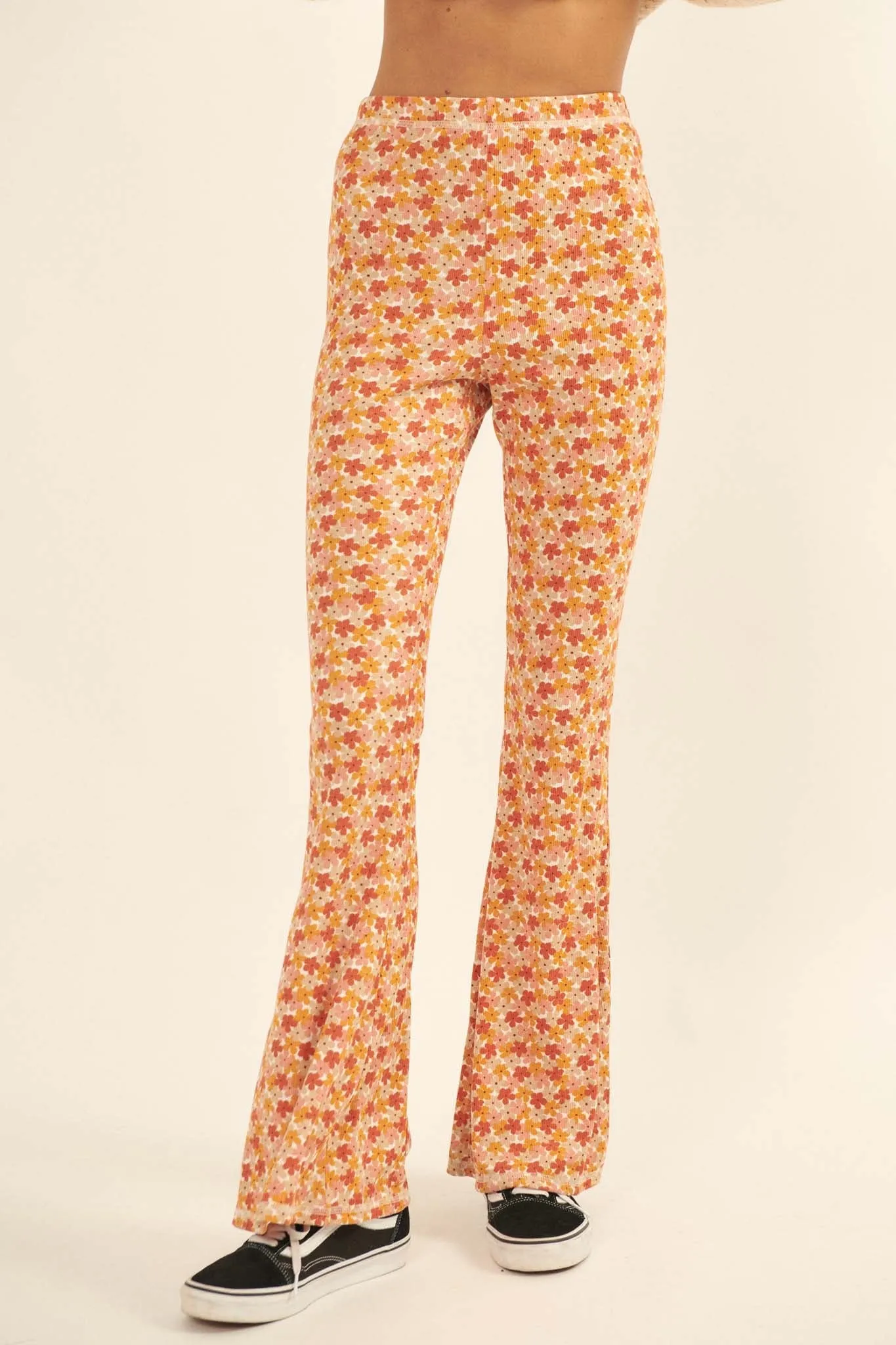 Far-Out Flowers Floral Rib-Knit Flare Pants