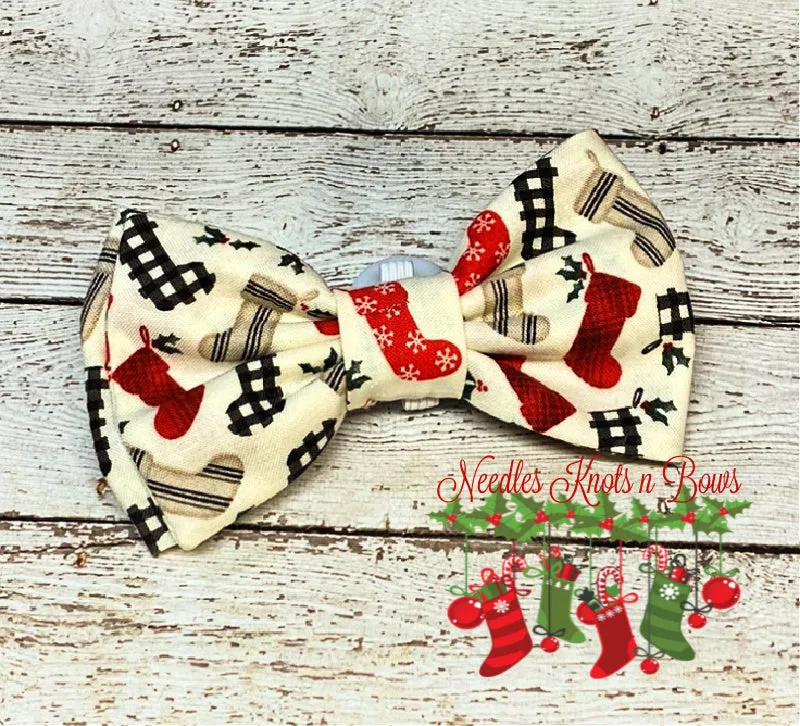 Farmhouse Christmas Stockings on Cream Holiday Bow Tie