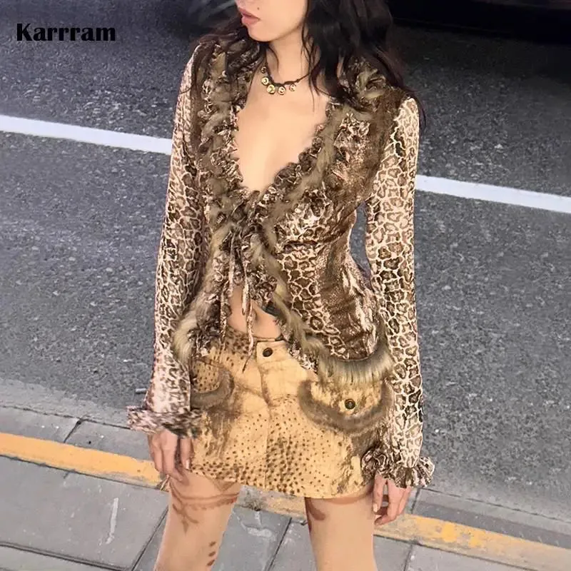 Fashionkova Karrram Japanese Y2k Leopard Print Shirt Vintage Harajuku Fur Shirt Grunge Aesthetics V-neck Irregular Blouses American Retro