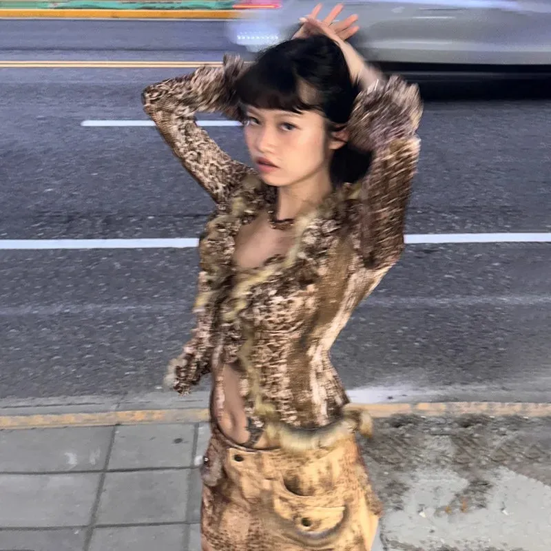 Fashionkova Karrram Japanese Y2k Leopard Print Shirt Vintage Harajuku Fur Shirt Grunge Aesthetics V-neck Irregular Blouses American Retro