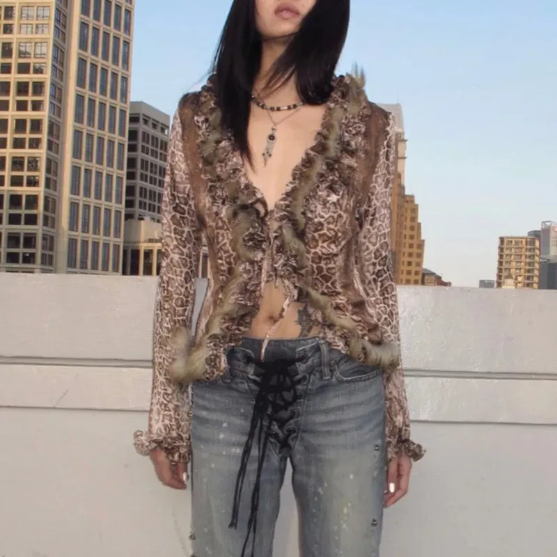 Fashionkova Karrram Japanese Y2k Leopard Print Shirt Vintage Harajuku Fur Shirt Grunge Aesthetics V-neck Irregular Blouses American Retro