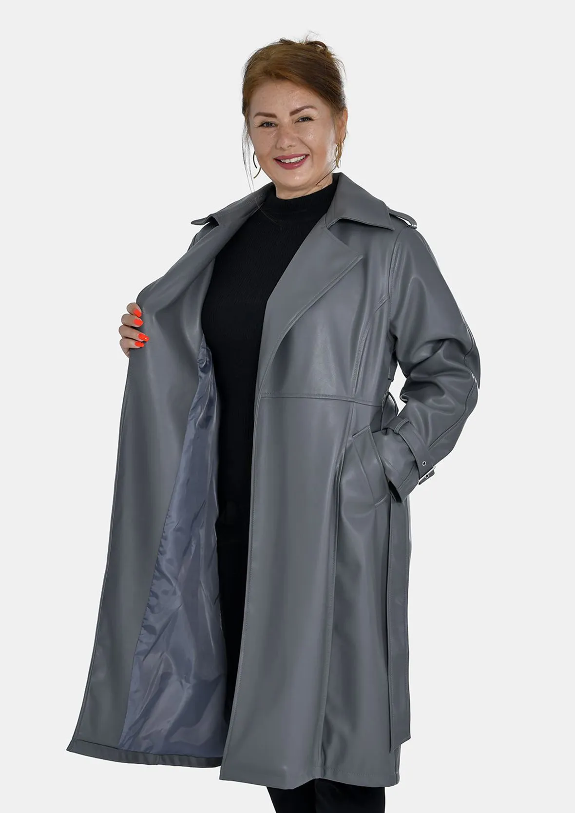 Faux Leather Coat With Tie Belt