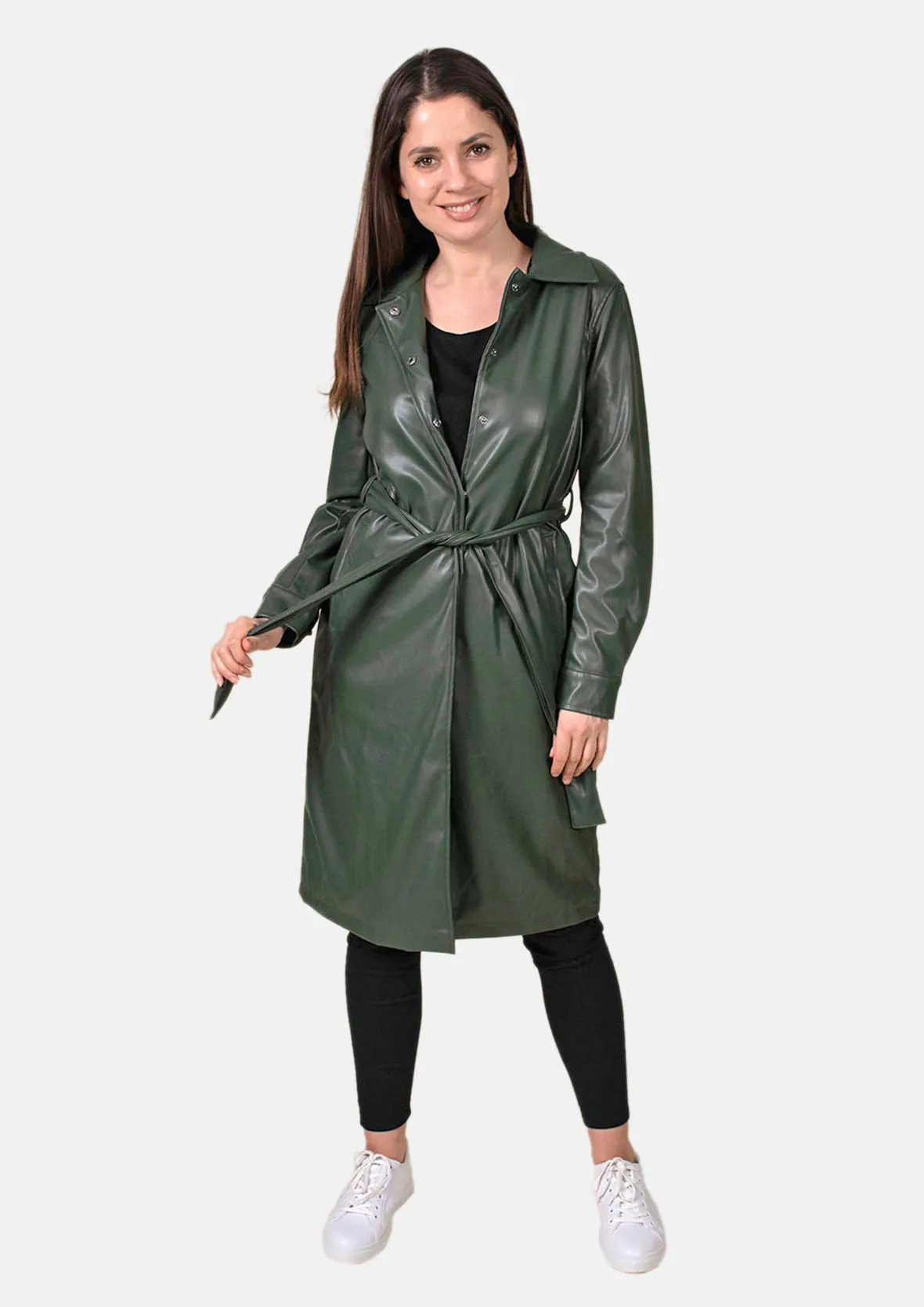 Faux Leather Coat With Tie Belt