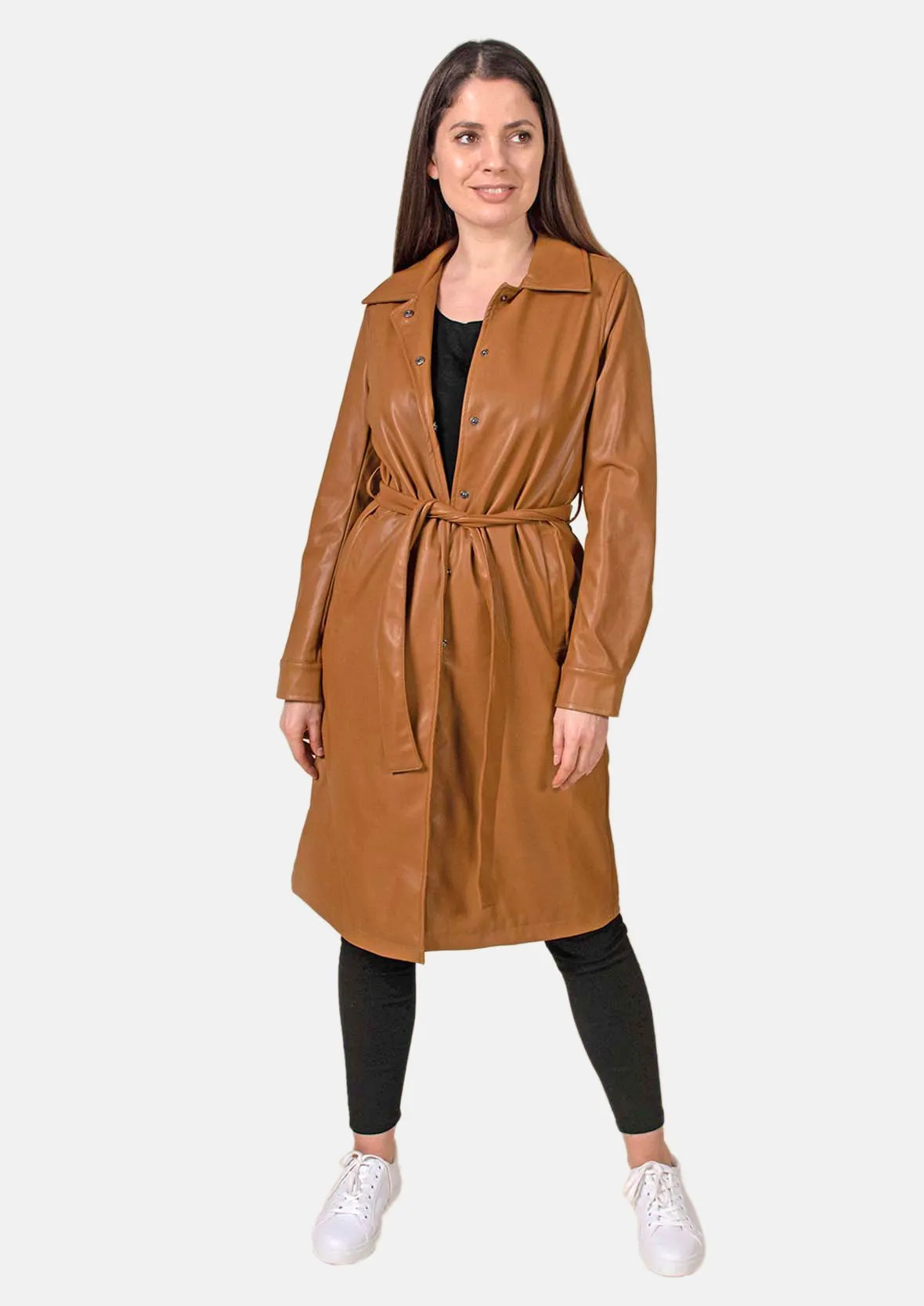 Faux Leather Coat With Tie Belt