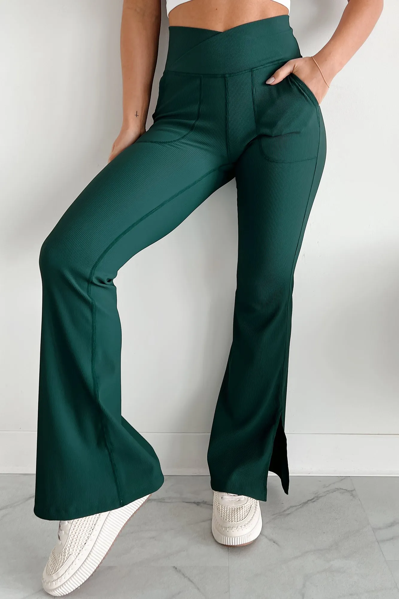 Fierce Competitor Cross-Waist Flared Leggings (Midnight Green)