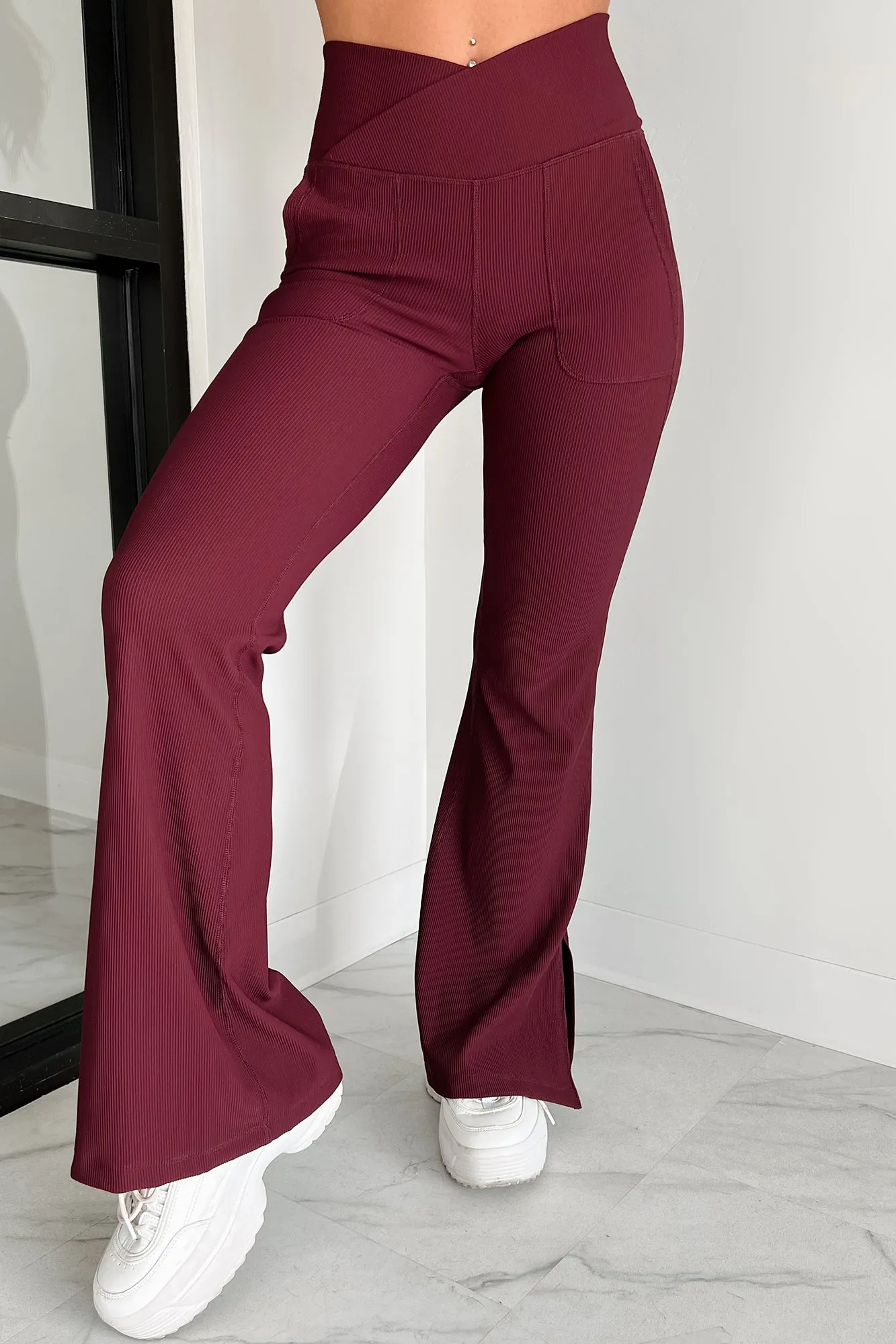 Fierce Competitor Cross-Waist Flared Leggings (Wine)