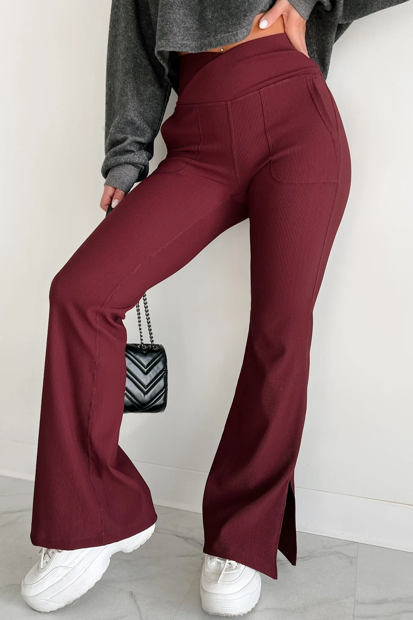 Fierce Competitor Cross-Waist Flared Leggings (Wine)