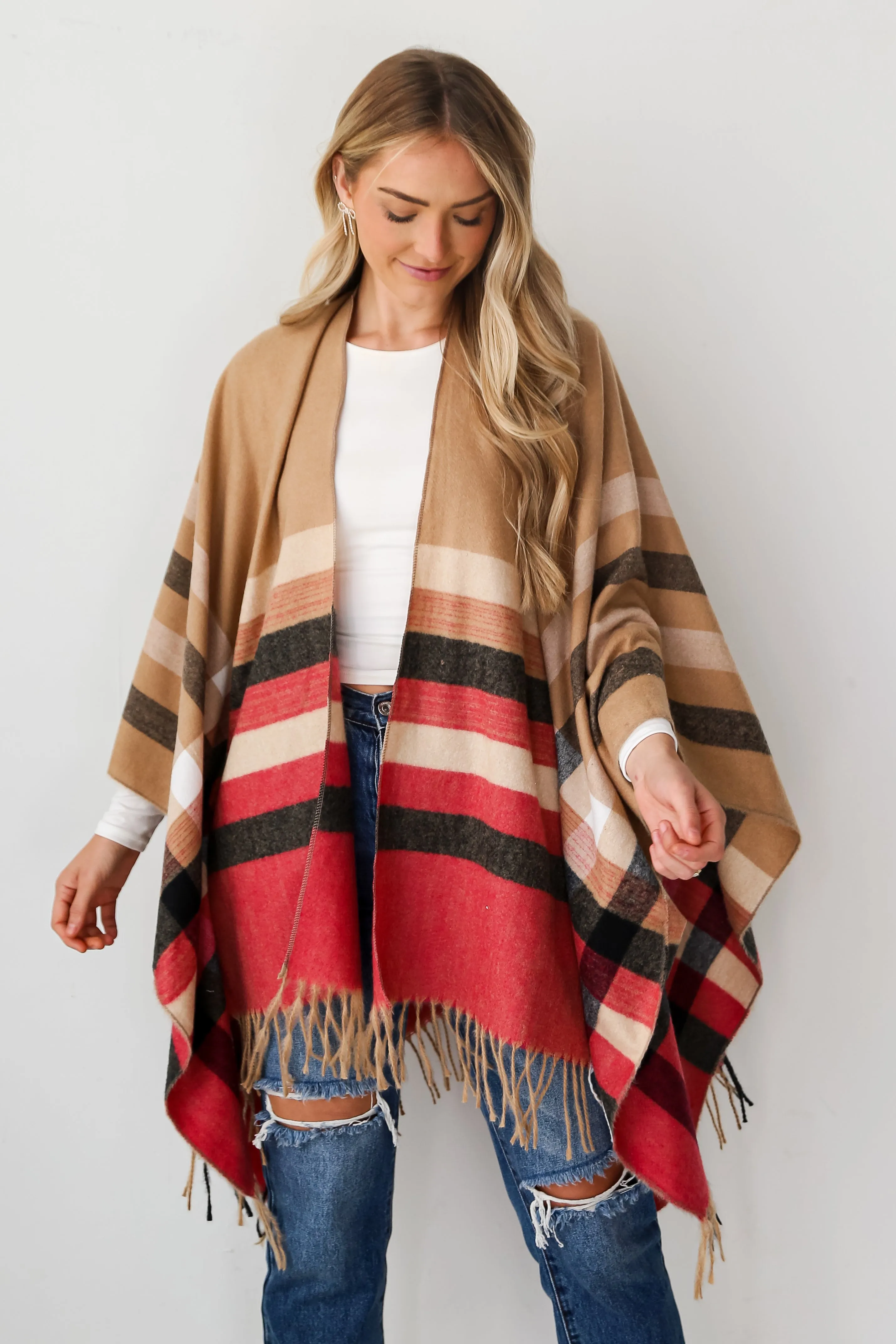 FINAL SALE - Most Wonderful Time Beige Plaid Fringe Shawl - DOORBUSTER