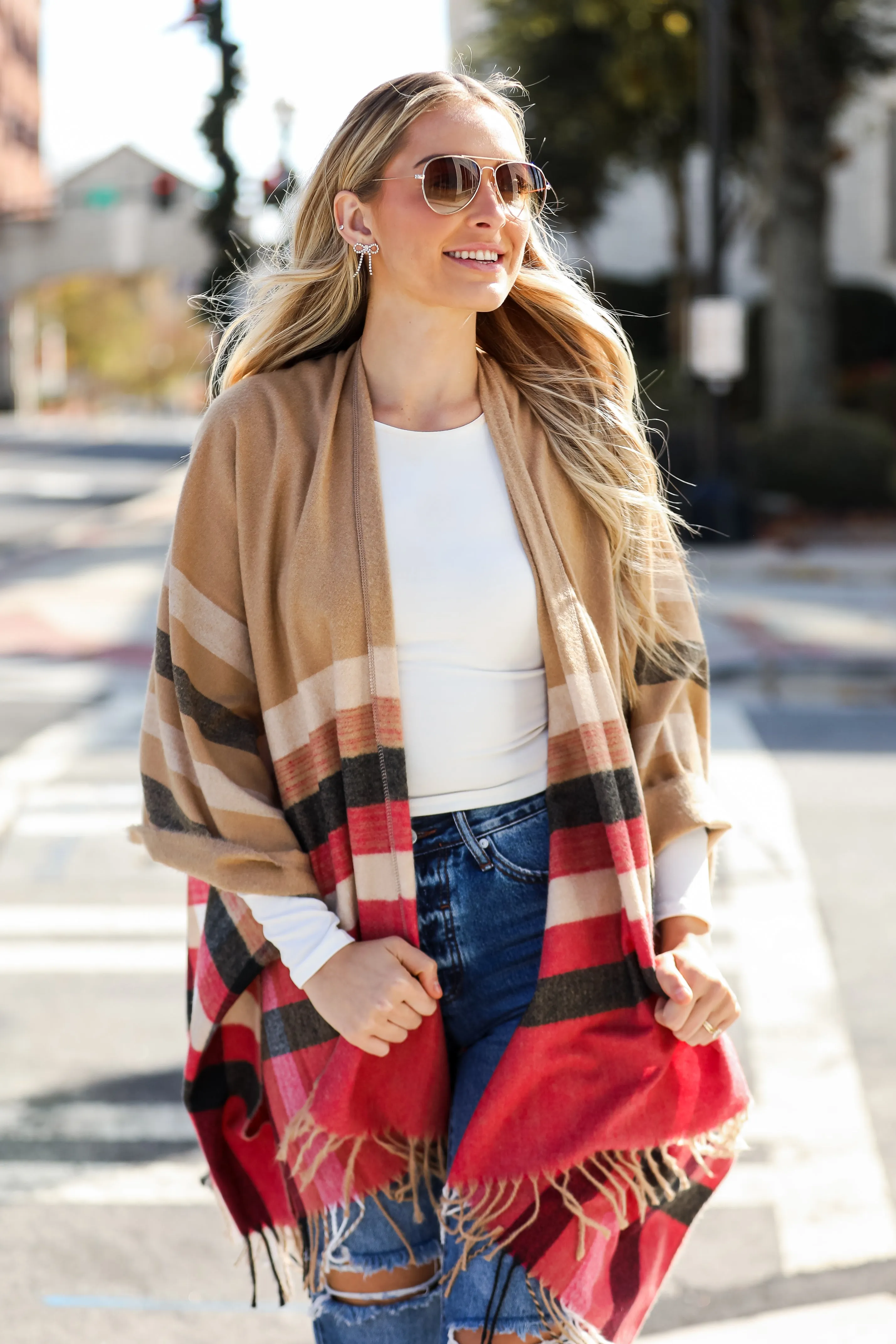 FINAL SALE - Most Wonderful Time Beige Plaid Fringe Shawl - DOORBUSTER