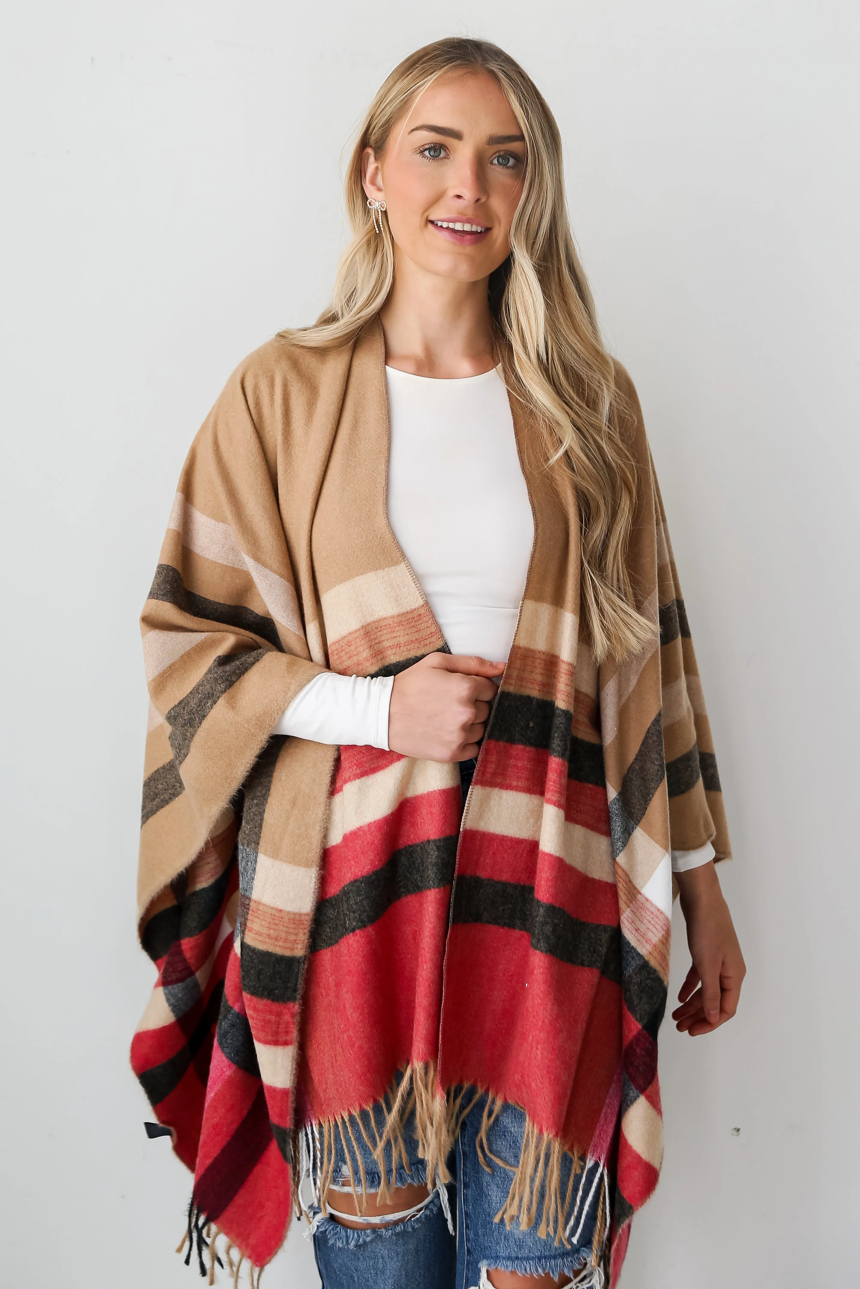 FINAL SALE - Most Wonderful Time Beige Plaid Fringe Shawl - DOORBUSTER