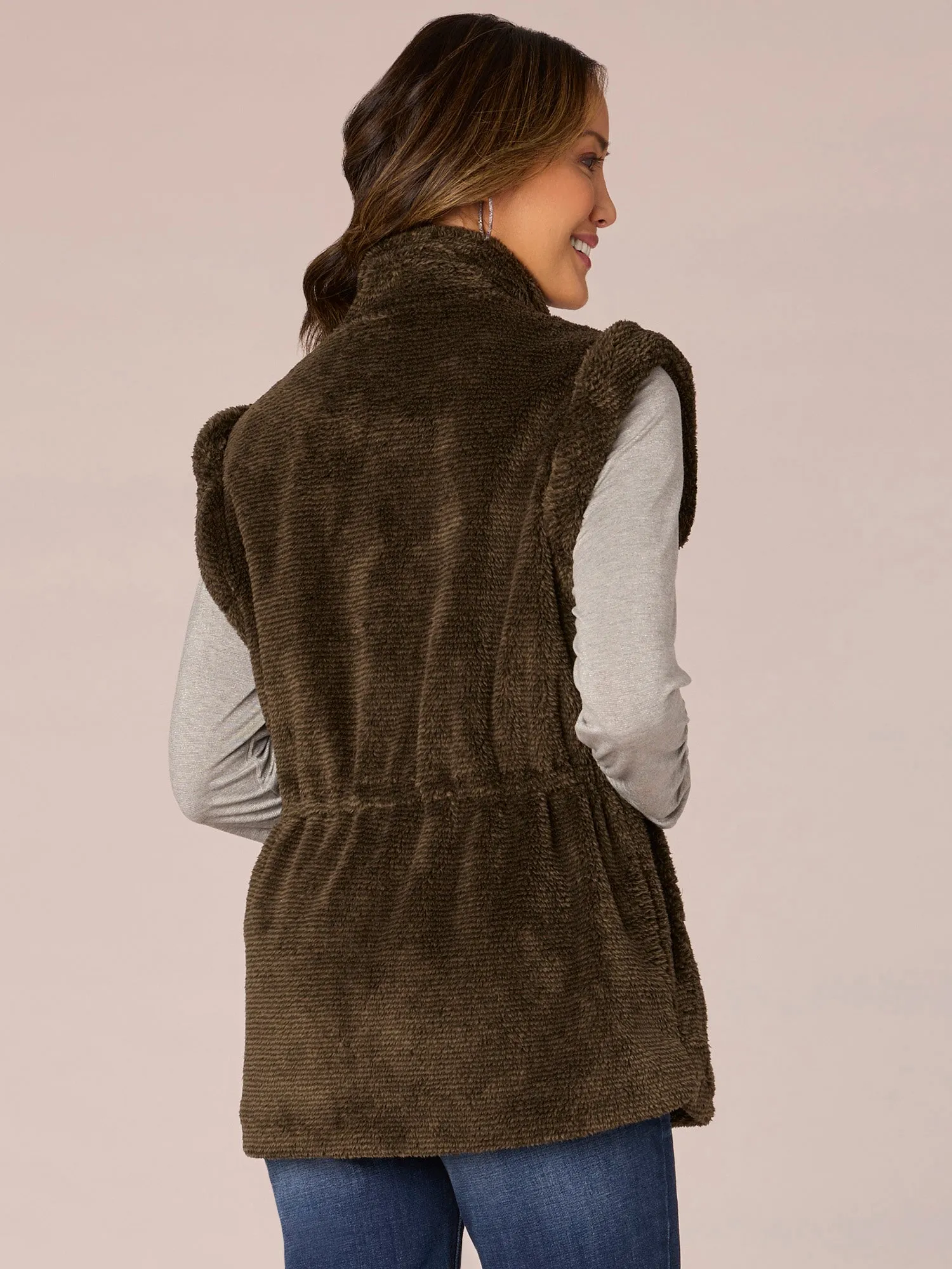 Flange Shoulder Stand Collar Zip Front Drawstring Waist Fur Vest