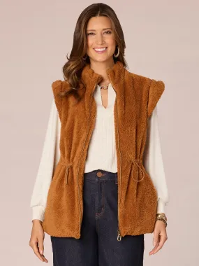 Flange Shoulder Stand Collar Zip Front Drawstring Waist Fur Vest