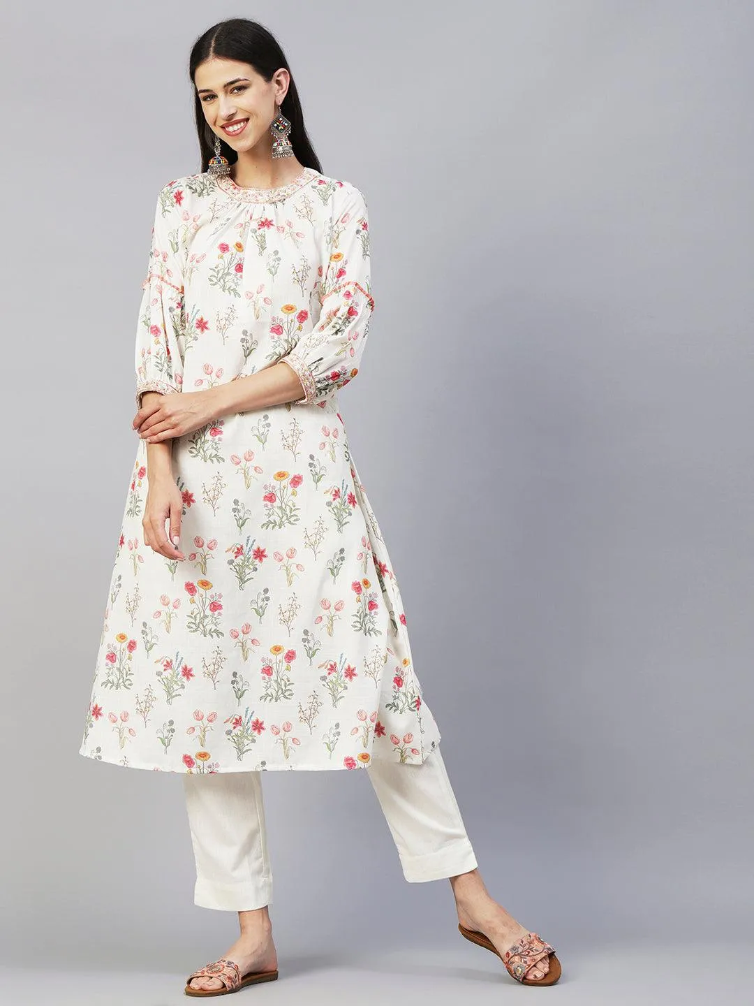 Floral Printed Resham & Zari Embroidered A-line Kurta With Pants - White & Multi