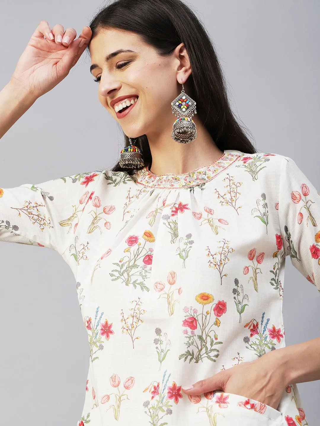 Floral Printed Resham & Zari Embroidered A-line Kurta With Pants - White & Multi