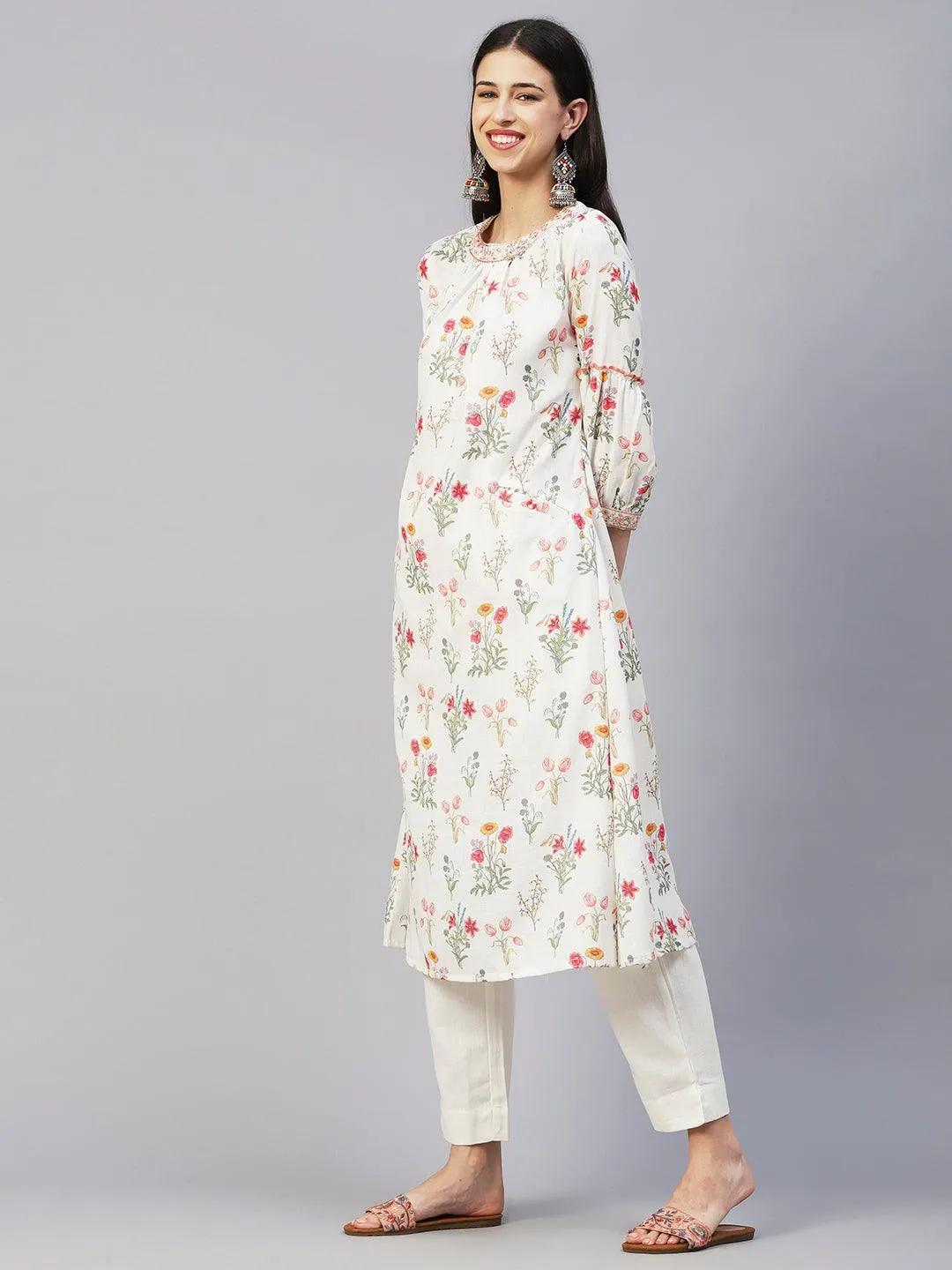 Floral Printed Resham & Zari Embroidered A-line Kurta With Pants - White & Multi