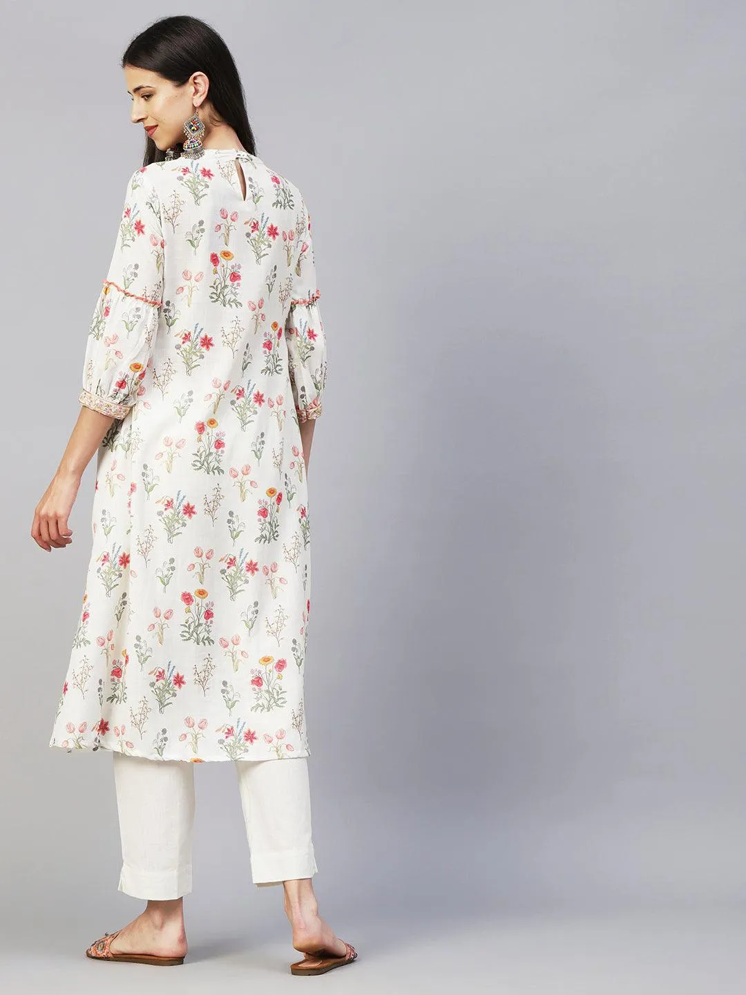 Floral Printed Resham & Zari Embroidered A-line Kurta With Pants - White & Multi