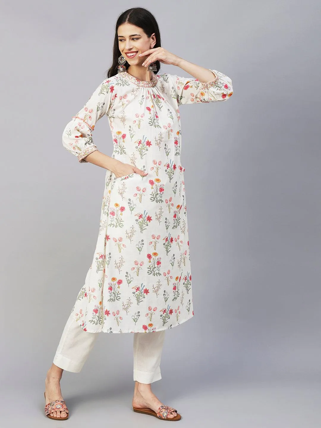 Floral Printed Resham & Zari Embroidered A-line Kurta With Pants - White & Multi