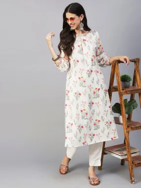 Floral Printed Resham & Zari Embroidered A-line Kurta With Pants - White & Multi