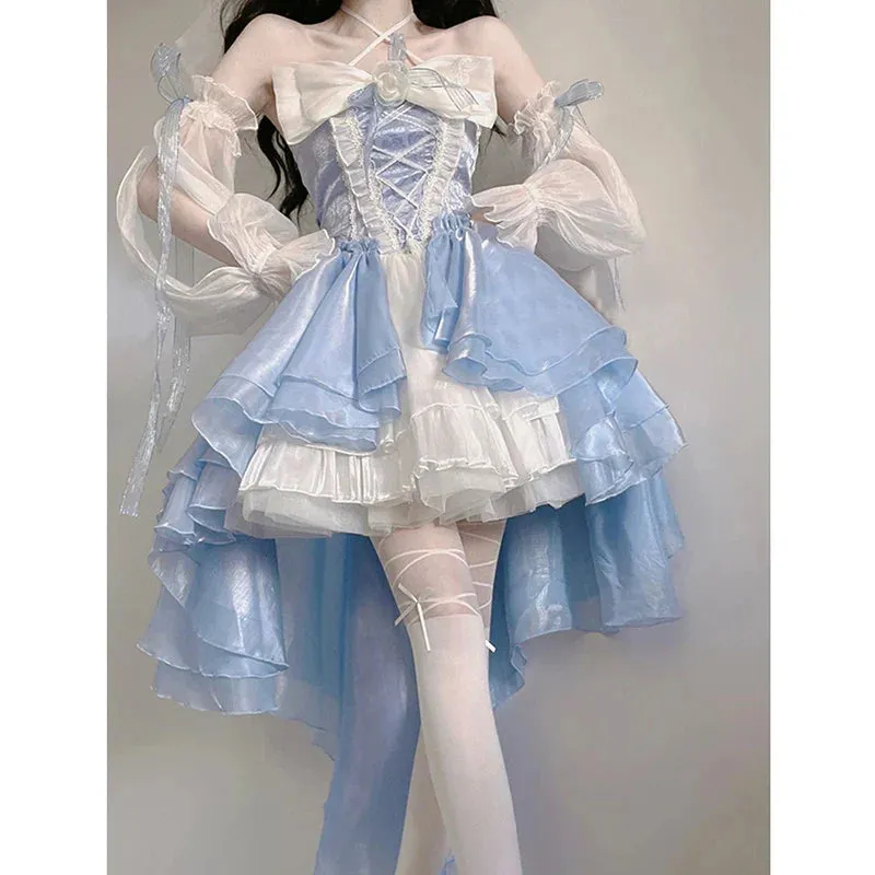 FLYTONN-Elegant Girl Cosplay Princess Puff Sleeve Ribbon Bowknot Flower Tunic Mesh Fantastic Fairy Lolita Dress For Women