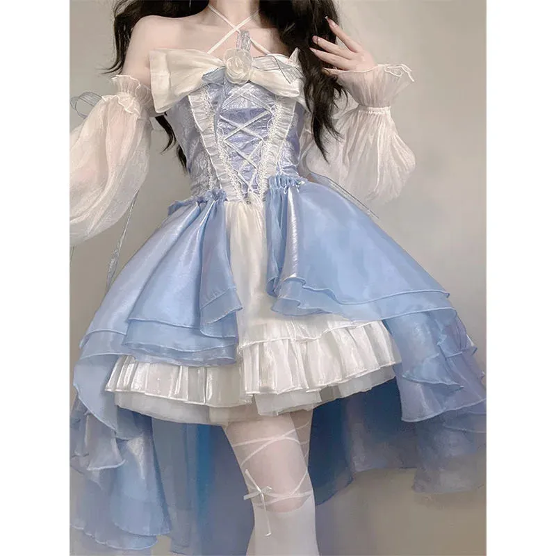 FLYTONN-Elegant Girl Cosplay Princess Puff Sleeve Ribbon Bowknot Flower Tunic Mesh Fantastic Fairy Lolita Dress For Women