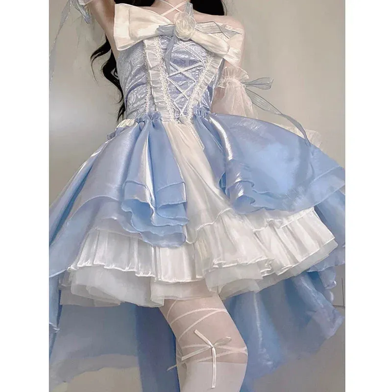 FLYTONN-Elegant Girl Cosplay Princess Puff Sleeve Ribbon Bowknot Flower Tunic Mesh Fantastic Fairy Lolita Dress For Women