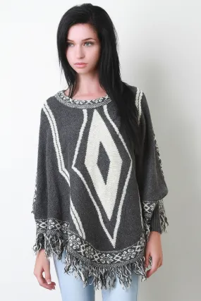 Fringe Hem Marled Knit Tribal Pattern Poncho