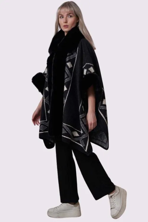 Geometric Print Faux Fur Poncho