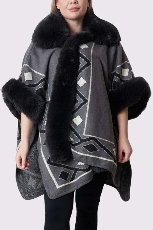 Geometric Print Faux Fur Poncho