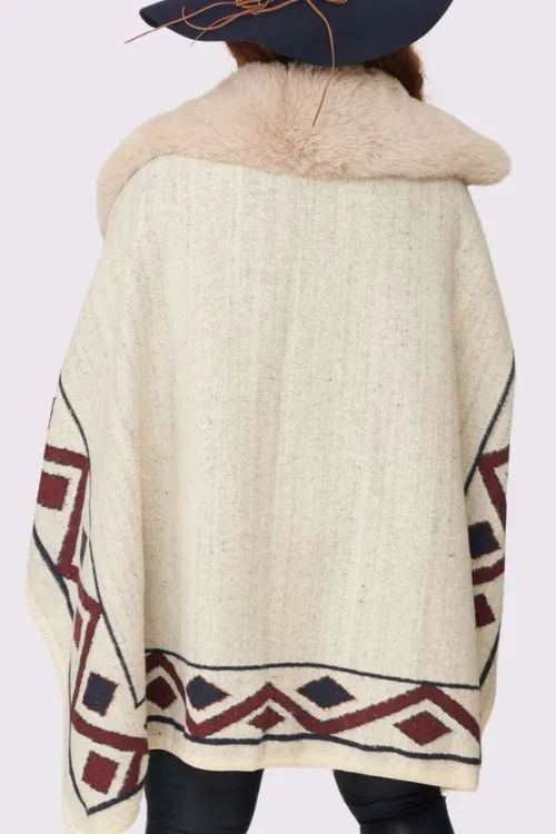 Geometric Print Faux Fur Poncho